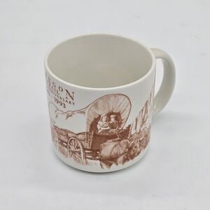 Vintage Oregon Trail 150th Anniversary Coffee Mug Covered Wagon Settlers Horses